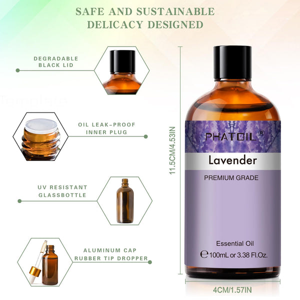 PHATOIL Lavender Essential Oil 100ml, 100% Natural & Pure Premium Graded Lavender Essential Oils for Diffusers, Humidifiers, Aromatherapy, Skin Hair Care and Candle Soap Making