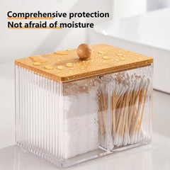 SVOCK Clear Acrylic Cotton Wool Holder 3 Compartment Cotton Bud Holder with Wood Lid, Qtips Holder Dispenser Bathroom Jars with Lid, bathroom essentials Square-Shaped (Clear)