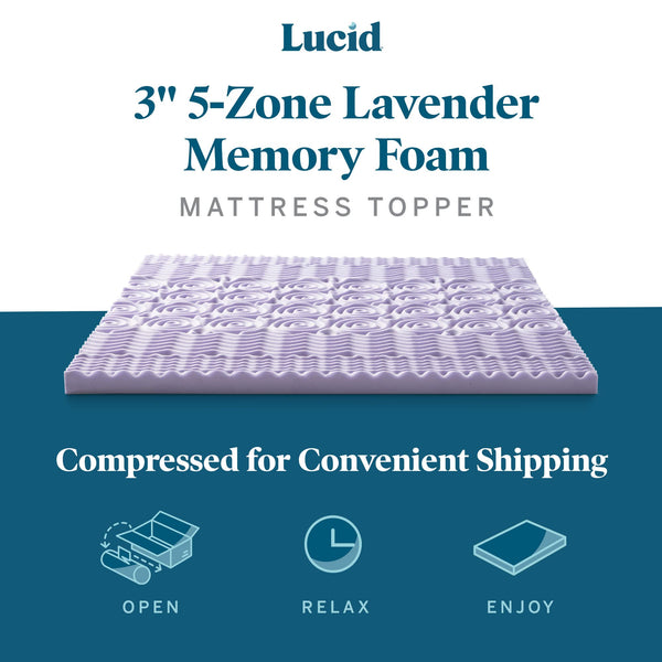 LUCID 5 Memory Foam Plush-Calming Targeted Convoluted Comfort Zones Mattress Topper, Queen, Lavender - 3 Inch