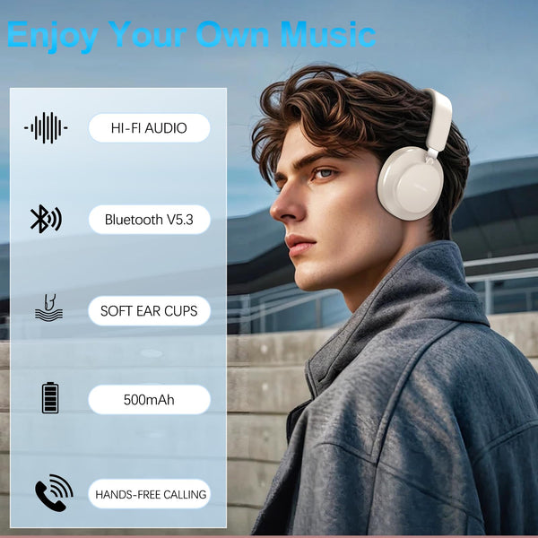 Noise Cancelling Headphones Wireless Bluetooth, Over Ear Headphones Bluetooth with Microphone, Cancelling Wireless Headphone Over Ear, 65h Playtime, Clear Calls, Comfort Fit For Travel (Beige)