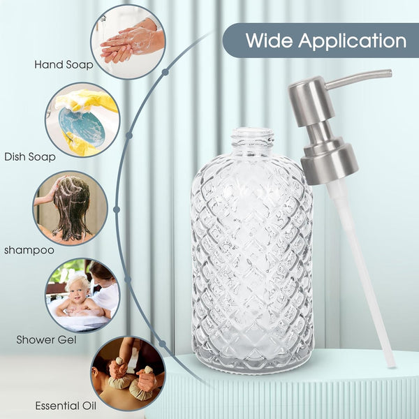 Topsky Glass Soap Dispenser with Siliver Metal Pump - 400ml Liquid Hand Soap Dispenser - Rustproof Pump for Kitchen & Bathroom, Great for Lotions, Essential Oil, Liquid Soaps Transparent