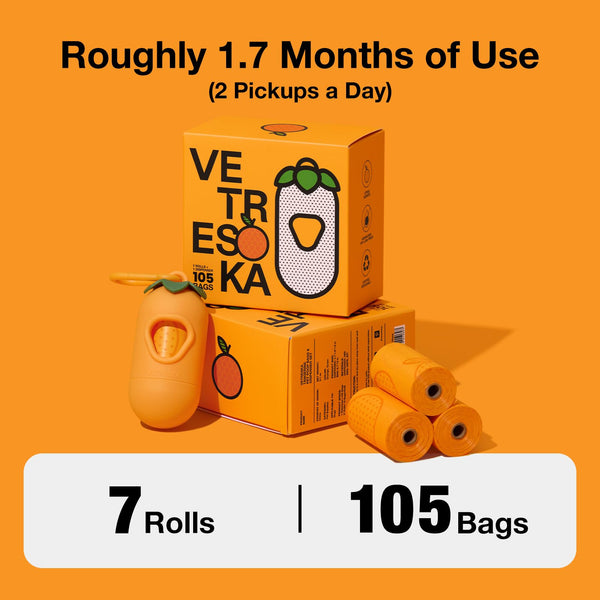 VETRESKA Orange Scented Dog Poop Bags with Holder - 105 Extra Thick & Large Leak Proof Pet Waste Bags | Refill Roll for Dog Walking, Cat Litter | Strong, Long-Lasting Fresh Scent Poo Bags, Orange