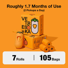 VETRESKA Orange Scented Dog Poop Bags with Holder - 105 Extra Thick & Large Leak Proof Pet Waste Bags | Refill Roll for Dog Walking, Cat Litter | Strong, Long-Lasting Fresh Scent Poo Bags, Orange