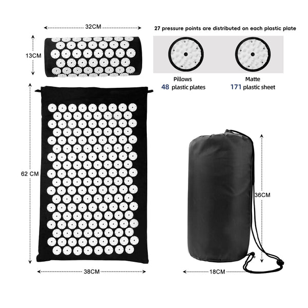 Acupressure Mat, Acupuncture Mat, Massage Mat and Pillow Set, Relieving Neck and Back Pain, Muscle Relaxation and Stress Reduction, Sciatica Relief, Suitable for Men and Women, Carry a Handbag, Black
