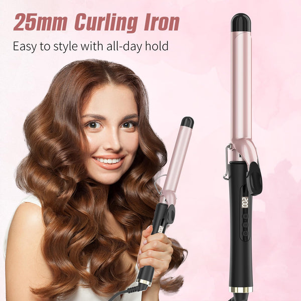 Culing Tongs, 25mm Hair Curler with Adjustable Temperature Ceramic Curling Iron for Long & Medium Hair, Digital Display, Curling Wand with Glove, Dual Voltage (25mm)