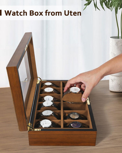 Uten Watch Box with 12 Slots, Watch Case Organizer with Golden Lock and Key, Wooden Watch Display Storage Box with Removable Watch Cushions, Velvet Lining, Metal Clasp, Gift for Men & Women