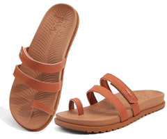 KuaiLu Womens Slides Sandals With Arch Support Comfort Plantar Fasciitis Yoga Mat Cushion Sandals Fashion Summer Beach Walking Adjustable Ladies Flat Orthotic Slip On Sandles Khaki Size 6