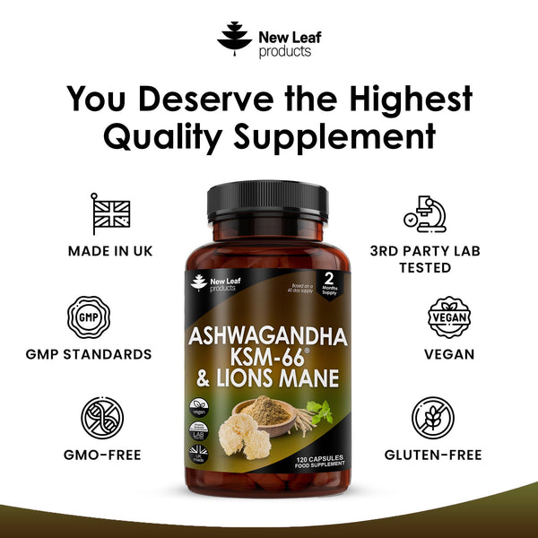 Ashwagandha KSM-66 and Lions Mane Capsules - High Strength 2000mg KSM-66 Ashwaghandha Root Extract and Lions Mane Mushroom Extract - 120 Vegan Capsules with Black Pepper - UK Made by New Leaf