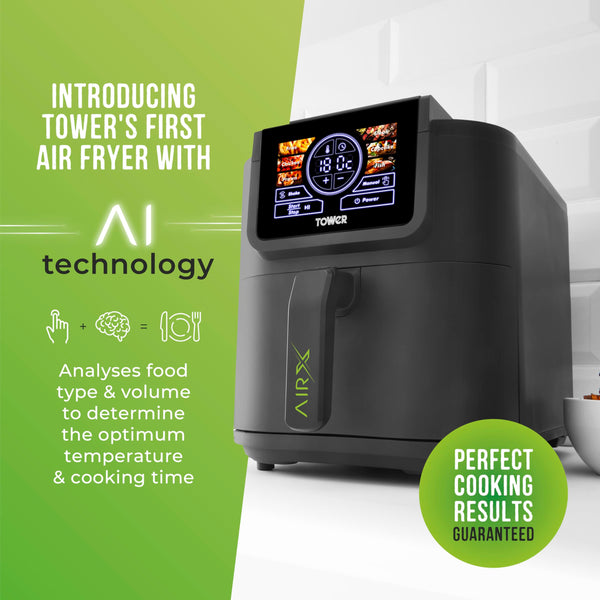 Tower 8L AIRX Digital Single Basket Air Fryer with A.I. & Vortx Technology, 6 Cooking Pre-sets, Space Saving Design, 60 Minute Timer, 1500W, Grey, T17158