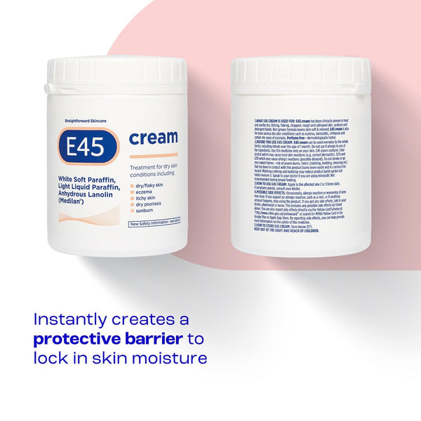 E45 Moisturiser, Body, Face And Hand Cream For Dry, Flaky Skin, Suitable For Eczema, Dry Psoriasis, Sunburn, 500g Tub
