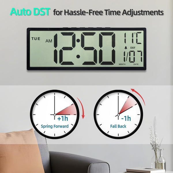 Mee 2ou Digital Wall Clock Battery Operated, 15" Digital Clock Large Display With Date And Day Of Week, Large Number With Temperature, Auto DST, Alarm, Snooze, 12/24-hour For Desk Office
