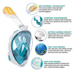 Flyboo Snorkel Mask, Full Face Snorkel Set, 180°view Snorkeling Gear with Panoramic Design-Compatible Sports Camera, Diving Mask with Anti-fog and Anti-leak Technology for Adults and Kids