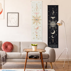 Yugarlibi 2 Pack Sun Moon Tapestry Wall Hangings Black and White Tarot Card Tapestry, Psychedelic Tapestries Cotton Long Wall Art for Bedroom, 130x32.5cm