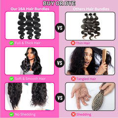 Beauty Queen 16A Body Wave Bundles Human Hair (16 18 20 Inch) 100% Unprocessed Brazilian Virgin Weave 3 Bundles Human Hair Full And Thick Remy Hair Extensions Natural Color for Women