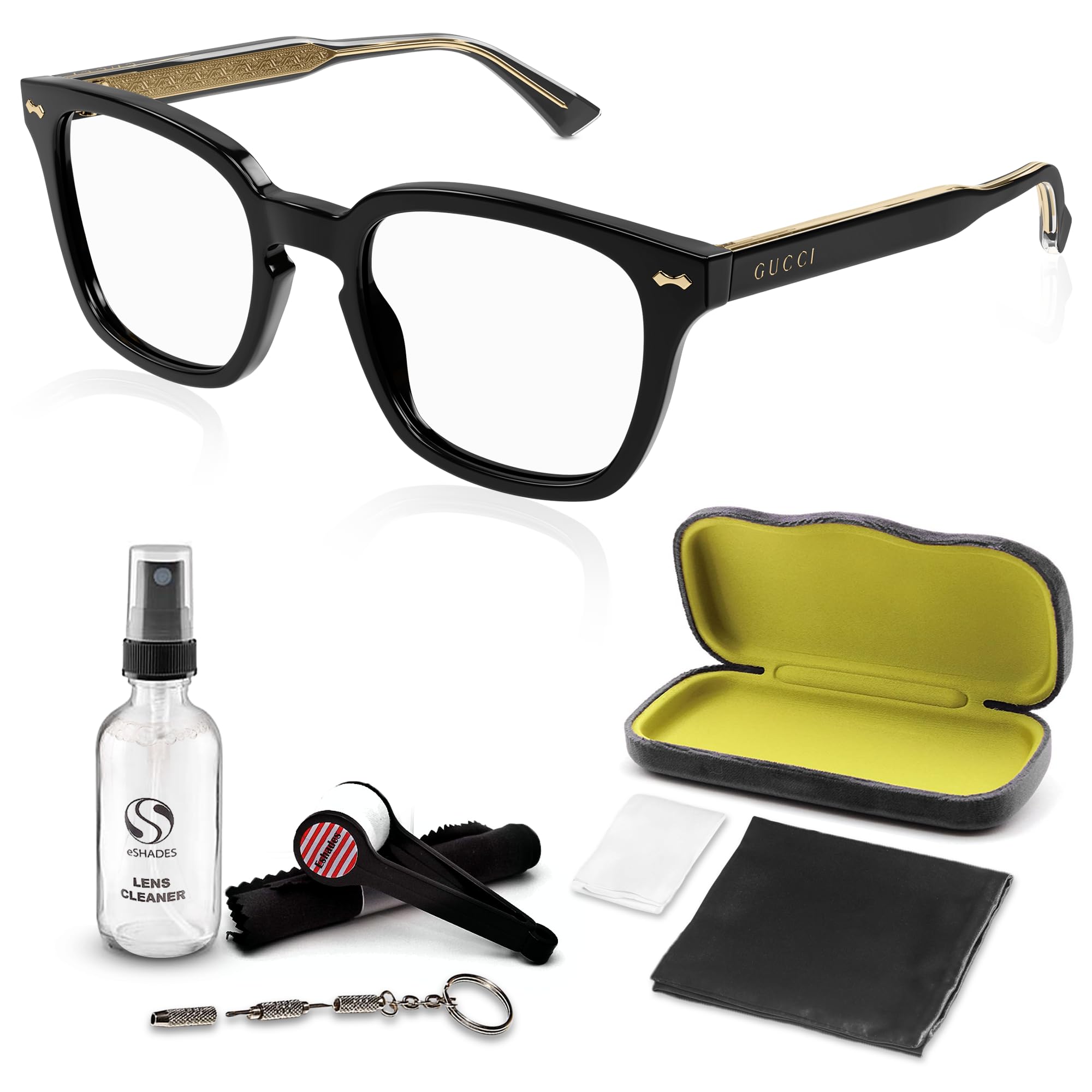 Gucci GG0184O Square Shape Eyeglasses + Bundle with eSHADES Luxury Eyewear Kit, Black, 50 mm