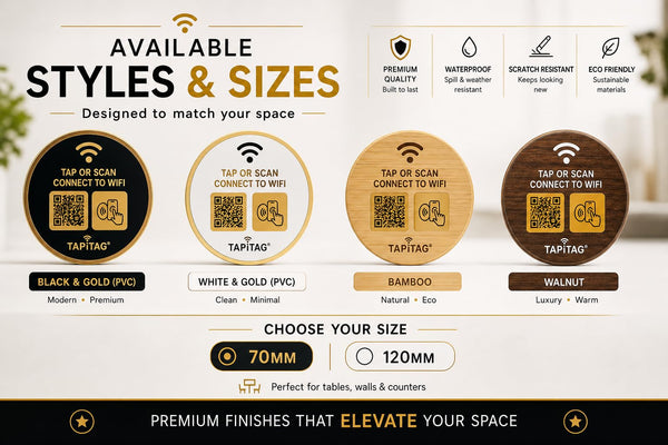 TAPiTAG Bamboo WiFi Porter – NFC Tap & QR Code WiFi Sign | Connect to WiFi in Seconds | No App Required | No Subscription | Custom Landing Page | Café, Airbnb, Hotel & Office (70mm)
