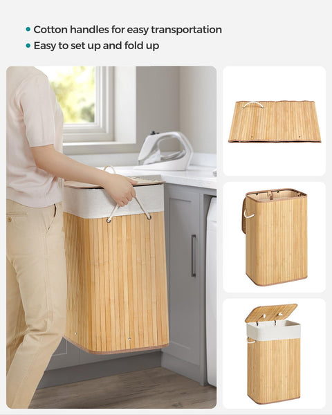 SONGMICS Laundry Basket with Lid 72L Bamboo Foldable Laundry Basket with Removable Washable Bag Handles for Laundry Room Bedroom LCB10Y