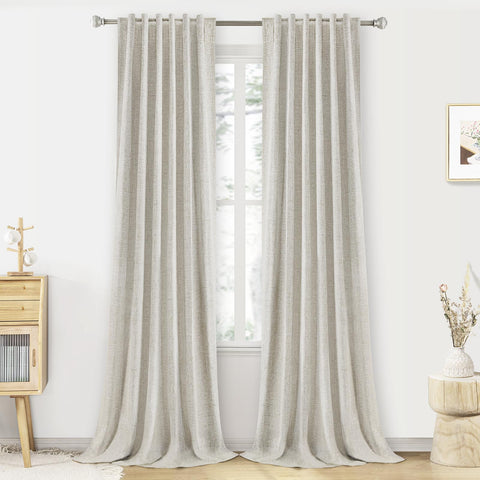 PANGSINNE 100% Blackout Linen Curtains 96 inch Length - 2 Panels Set Thermal Insulated Black Out Drapes for Living Room Bedroom Back Tab/Rod Pocket Room Darkening Window Curtain 8 FT