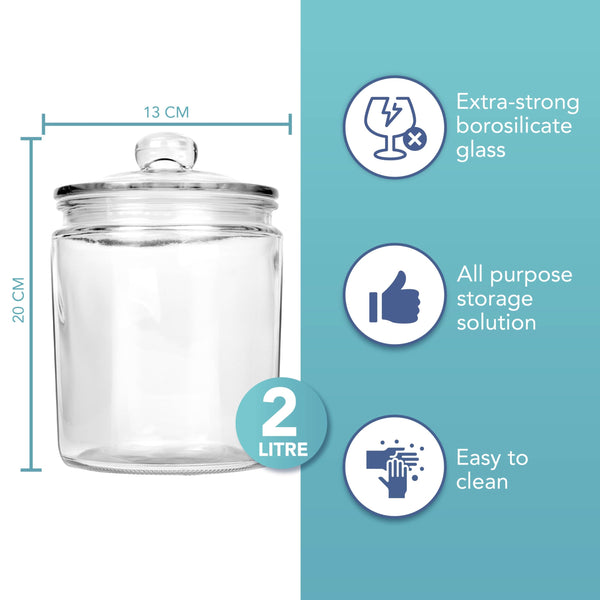 HEFTMAN Glass Jar with Lid - 2 Litre Clear, Empty Sweet Jars with Airtight Push-Top Lid - Sturdy Glass Vintage Apothecary Jars Perfect for Sweets, Coffee, Sugar, Laundry Pods Storage Container