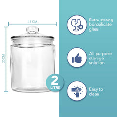 HEFTMAN Glass Jar with Lid - 2 Litre Clear, Empty Sweet Jars with Airtight Push-Top Lid - Sturdy Glass Vintage Apothecary Jars Perfect for Sweets, Coffee, Sugar, Laundry Pods Storage Container