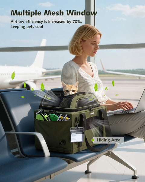 pecute Cat Carrier Airline Approved, Top Expandable Cat Carrier Handbag, Extra Stable Dog Carrier, Breathable Mesh Fabric Bag for Pets, Pet Carrier Suitable for Both Long And Short Trips Green