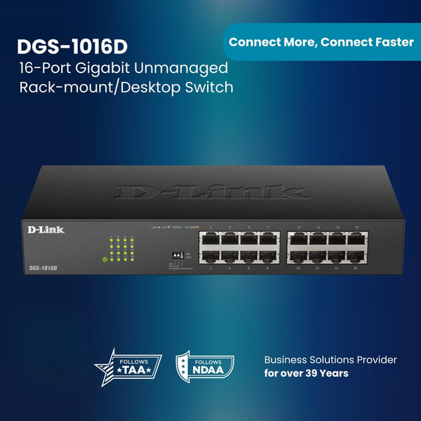 D-Link DGS-1016D 16-Port Green Ethernet Copper Gigabit Switch, Hub, Internet Splitter, Metal, Fanless, Plug and Play - UK Model, black DGS-1016D