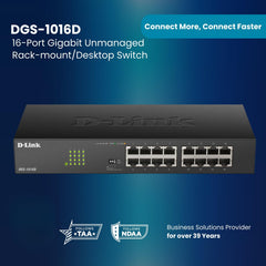 D-Link DGS-1016D 16-Port Green Ethernet Copper Gigabit Switch, Hub, Internet Splitter, Metal, Fanless, Plug and Play - UK Model, black DGS-1016D