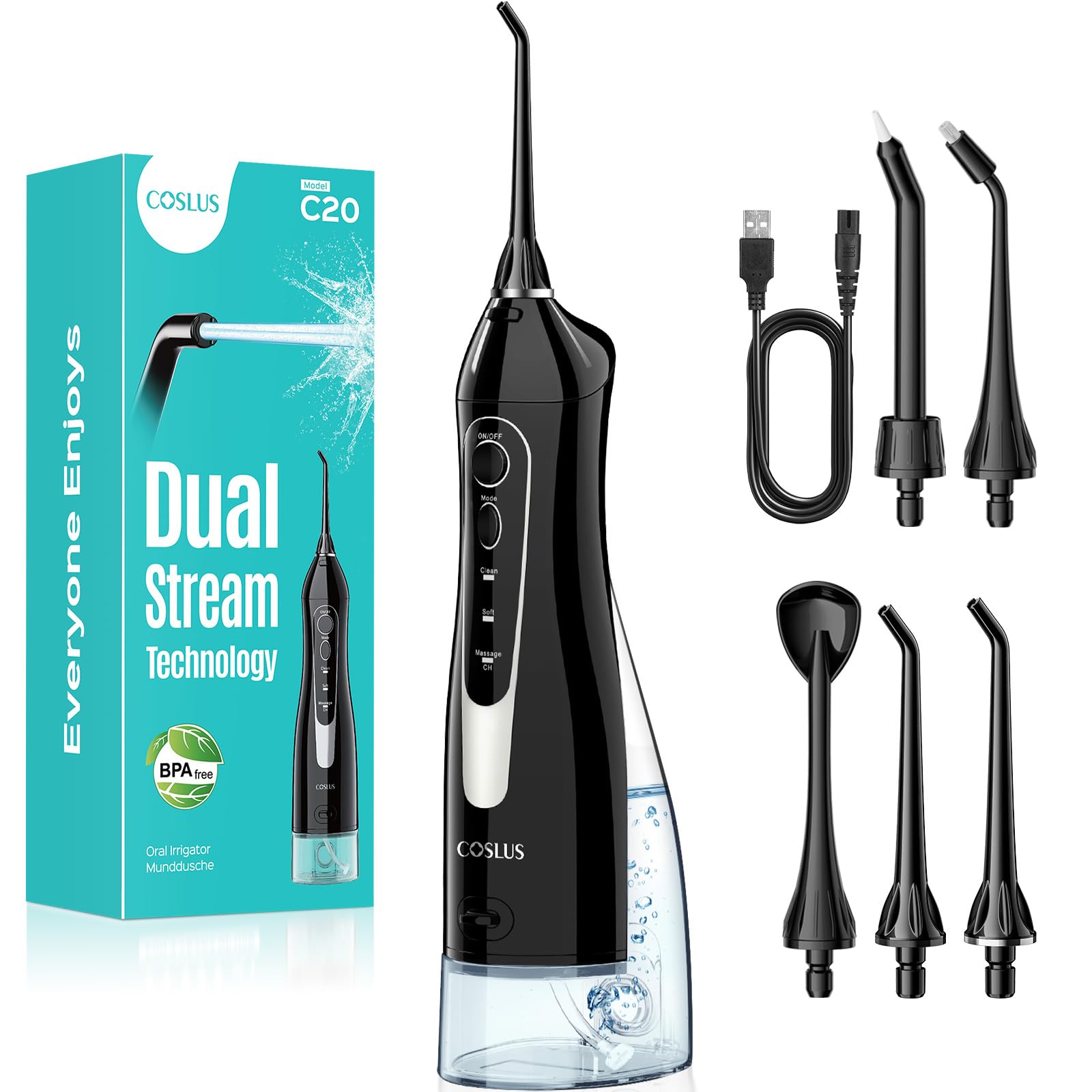 COSLUS Water Dental Flosser for Teeth Cordless: 2025 Upgraded Portable Oral Irrigator 300ML 5 Jet Tips Rechargeable Tooth Flosser Teeth Braces Pick IPX7 Waterproof Irrigation Cleaner for Travel Home