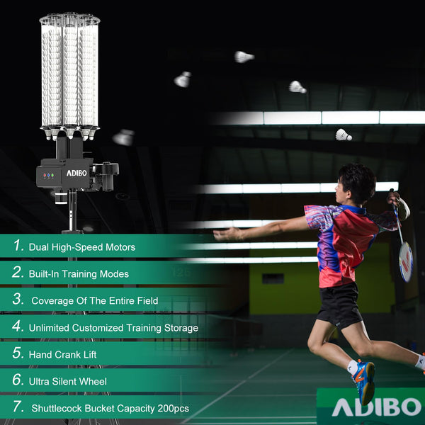 ADIBO Badminton Serving Machine, Dual High Speed Motors, 200 Shuttlecock Capacity, Max 87MPH, APP Control