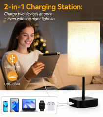Table-Lamp-Bedside-Touch-Control-Dimmable-Charging-Rechargeable USB A+C Charger Ports 3-Way Dimmer Linen Fabric Shade Lamps LED Tables Lampe Reading Night Modern Lights Bedroom Living Bed Side Lounge