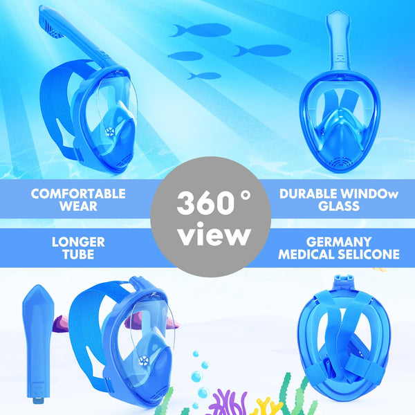 Kids Snorkel Mask Full Face, Snorkeling Gear for Kids 3-14 with Camera Mount, 180 Degree Panoramic View Snorkeling Set Anti-Fog Anti-Leak (Blue+Pink)
