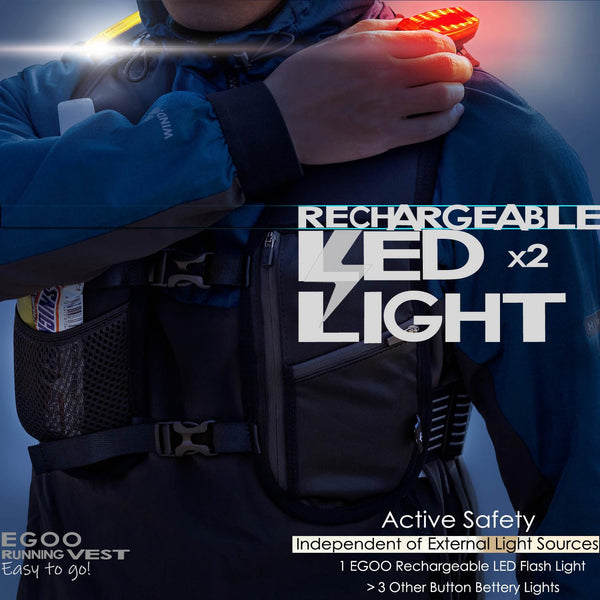EGOO - LED Running Vest with Multi-Pockets for Men and Women, Lightweight Hydration Vest for Running & Outdoor Activities, Rechargeable LED Safety Light x2 + 500ml Soft Flask x1