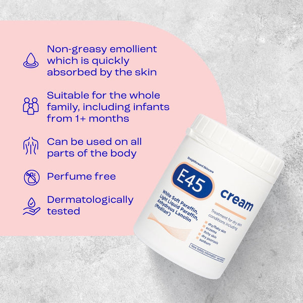 E45 Moisturiser, Body, Face And Hand Cream For Dry, Flaky Skin, Suitable For Eczema, Dry Psoriasis, Sunburn, 500g Tub