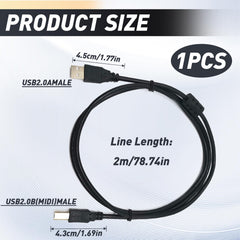 Printer Cable, 2M USB B MIDI Cable USB 2.0 A to B Lead Cord Compatible with Printers Scanners Digital Piano Midi Controller Keyboard Audio Interface Recording USB Microphone DSi/DSi XL/3DS/3DS