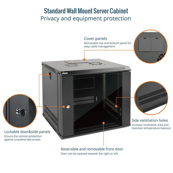Tecmojo 9U 450mm Depth Wall Mount Server Cabinet IT Network Rack Enclosure Lockable Door and Side Panels Black, Standard Glass Door, for 19" IT Equipment, A/V Devices, Flat Package