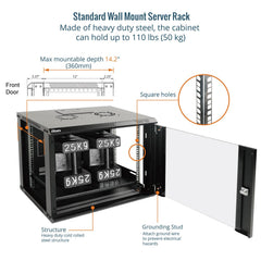 Tecmojo 9U 450mm Depth Wall Mount Server Cabinet IT Network Rack Enclosure Lockable Door and Side Panels Black, Standard Glass Door, for 19" IT Equipment, A/V Devices, Flat Package