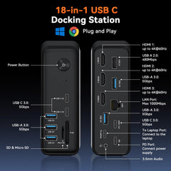 TobenONE 18 in 1 Laptop Docking Station 3 Monitors, Triple 4K Display