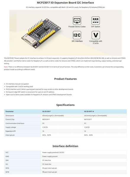 XICOOLEE MCP23017 I/O Expansion Board Module SG-IO-E017, 16 I/O Pins Supports for Raspberry Pi Series, Onboard 3-Digit DIP Switch, I2C Interface Compatible with 3.3V/5V Working Level