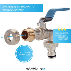 Bächlein Universal Water Tap for the Garden [Blue] incl. 2 Hose Connections - Noble Ball Valve with 1/2 and 3/4 Inch Connection, Outlet Tap Outside