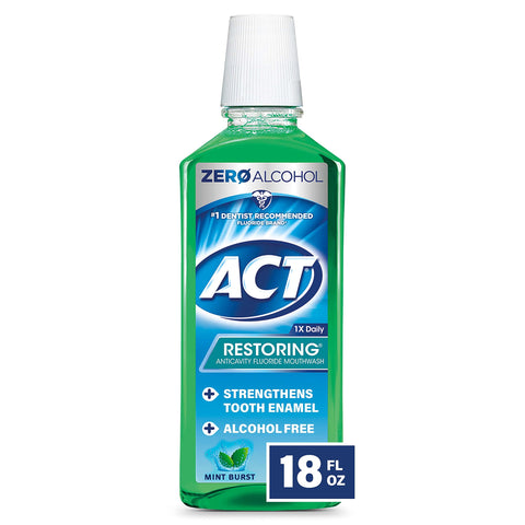 ACT Restoring Anticavity Fluoride Mint Burst Mouthwash 18 Ounce Helps Freshen Breath & Strengthen Tooth Enamel to Prevent Tooth Decay & Cavities