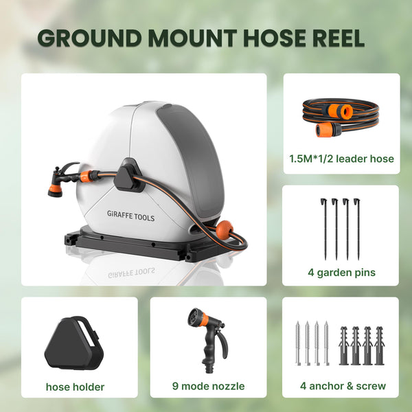 Giraffe Tools 40M Retractable Garden Hose Reel, Ground Mounted