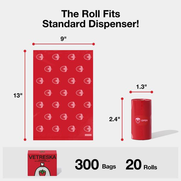 VETRESKA Dog Poop Bags 300 Count - 20 Strawberry Scented Refill Rolls