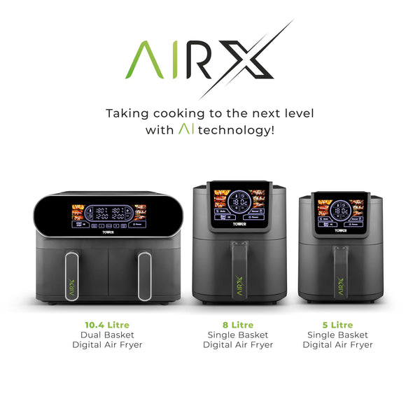 Tower 8L AIRX Digital Single Basket Air Fryer with A.I. & Vortx Technology, 6 Cooking Pre-sets, Space Saving Design, 60 Minute Timer, 1500W, Grey, T17158