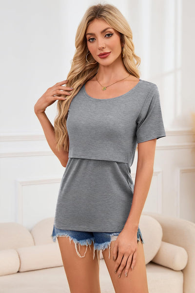 Smallshow Women's Nursing Tops Ribbed Short Sleeve Breastfeeding Clothes 4 Pack,Black-Brown-Deep Grey-Light Grey,M