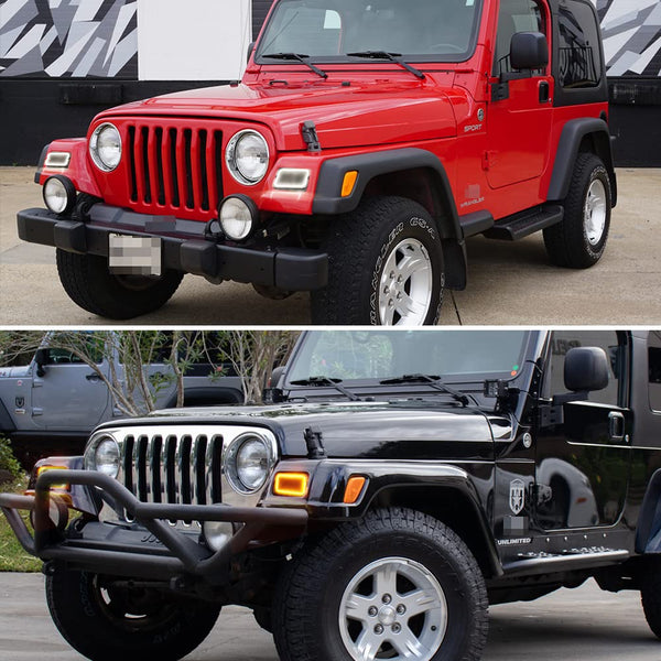Tonsya For 1997 1998 1999 2000 2001 2002 2003 2004 2005 2006 Jeep Wrangler TJ Front Corner Turn Signal Parking Lights & Daytime running lamps 2 IN 1 Smoked Lens 55157033AA, 55157032AA