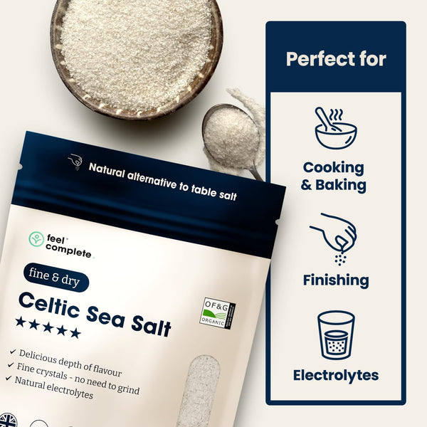 Feel Complete | 800g Fine & Dry Celtic Sea Salt | No Need To Grind | Organic Approved | Essential Minerals & Electrolytes | Natural Alternative To Table Salt | Lab Tested