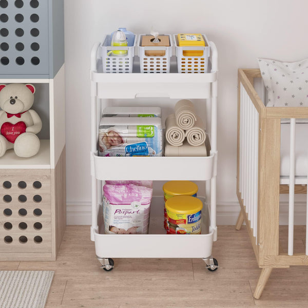 Wuciray Beauty Trolley on Wheels 3 Tier Storage Trolley with Drawer Plastic Beauty Trolleys Rolling Utility Cart Craft Trolleys on Wheels for Home Kitchen Bathroom Laundry Office White