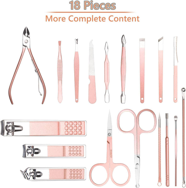 URAQT Nail Clippers, 18 pcs Manicure Pedicure Set, Nail Scissors Cuticle Remover for Men Women, Stainless Steel Nail Care Grooming Kit with Leather Case for Travel & Home