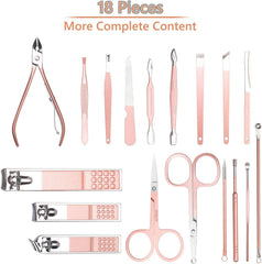 URAQT Nail Clippers, 18 pcs Manicure Pedicure Set, Nail Scissors Cuticle Remover for Men Women, Stainless Steel Nail Care Grooming Kit with Leather Case for Travel & Home