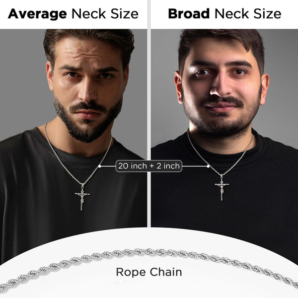 NORBU 925 Sterling Silver Crucifix Necklace for Men/Women, Religious Jewelry Gift for Baptism/Confirmation, Hypoallergenic Jesus Cross Pendant with Secure Lobster Clasp, Rope Chain, 20 inch
